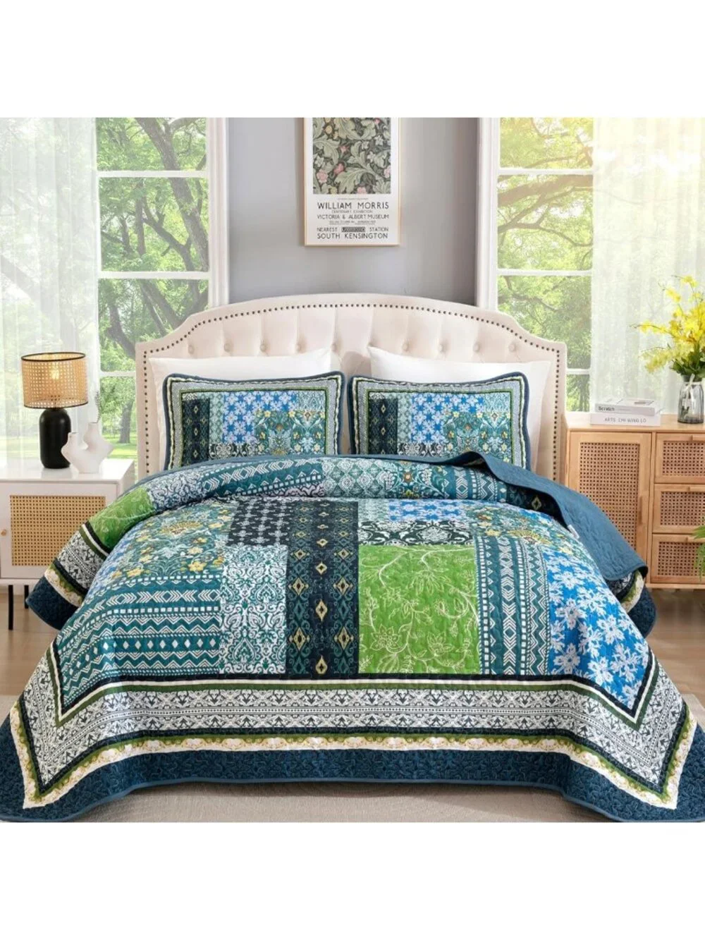 Boho Teal Patchwork Quilt Set, Reversible Lightweight Coverlet & 2 Pillow Shams